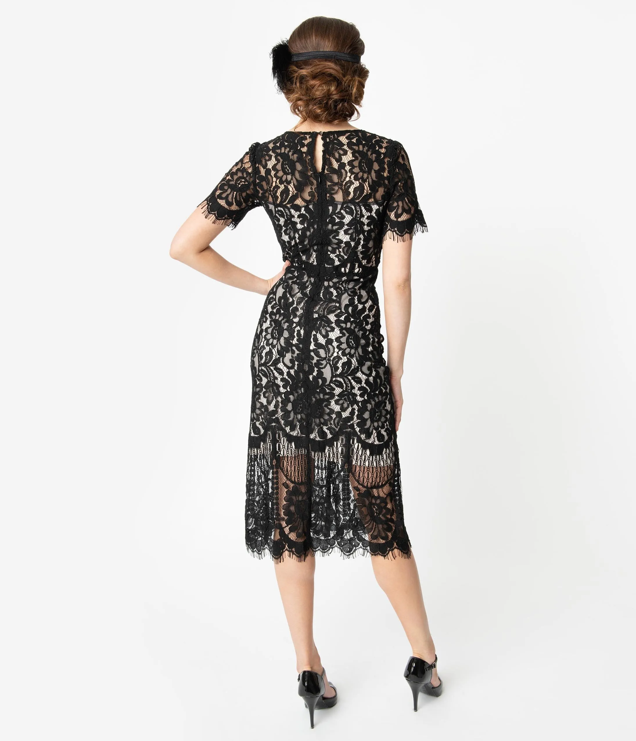 Unique Vintage 1920s Beige & Black Floral Lace Georgine Flapper Dress