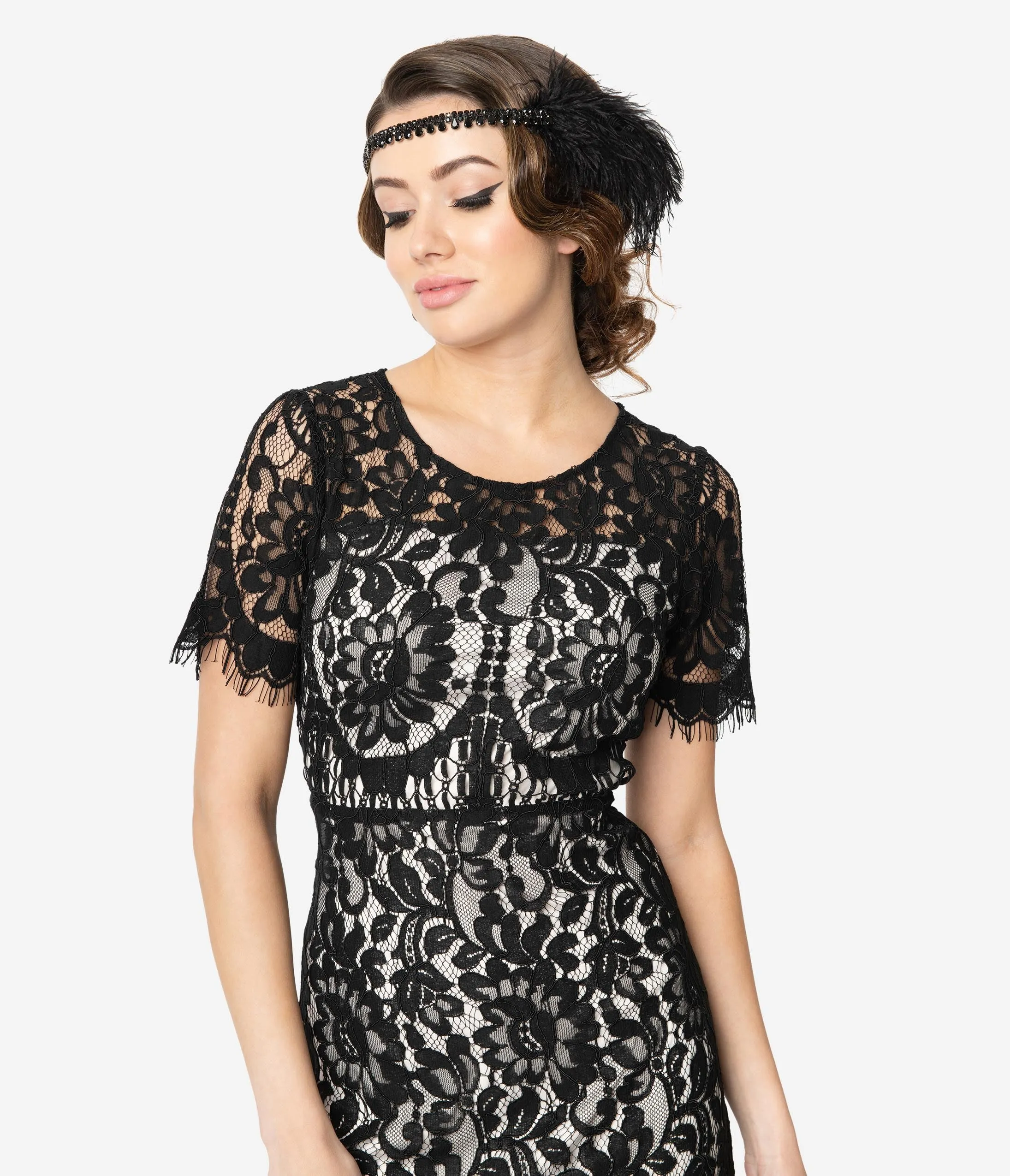 Unique Vintage 1920s Beige & Black Floral Lace Georgine Flapper Dress