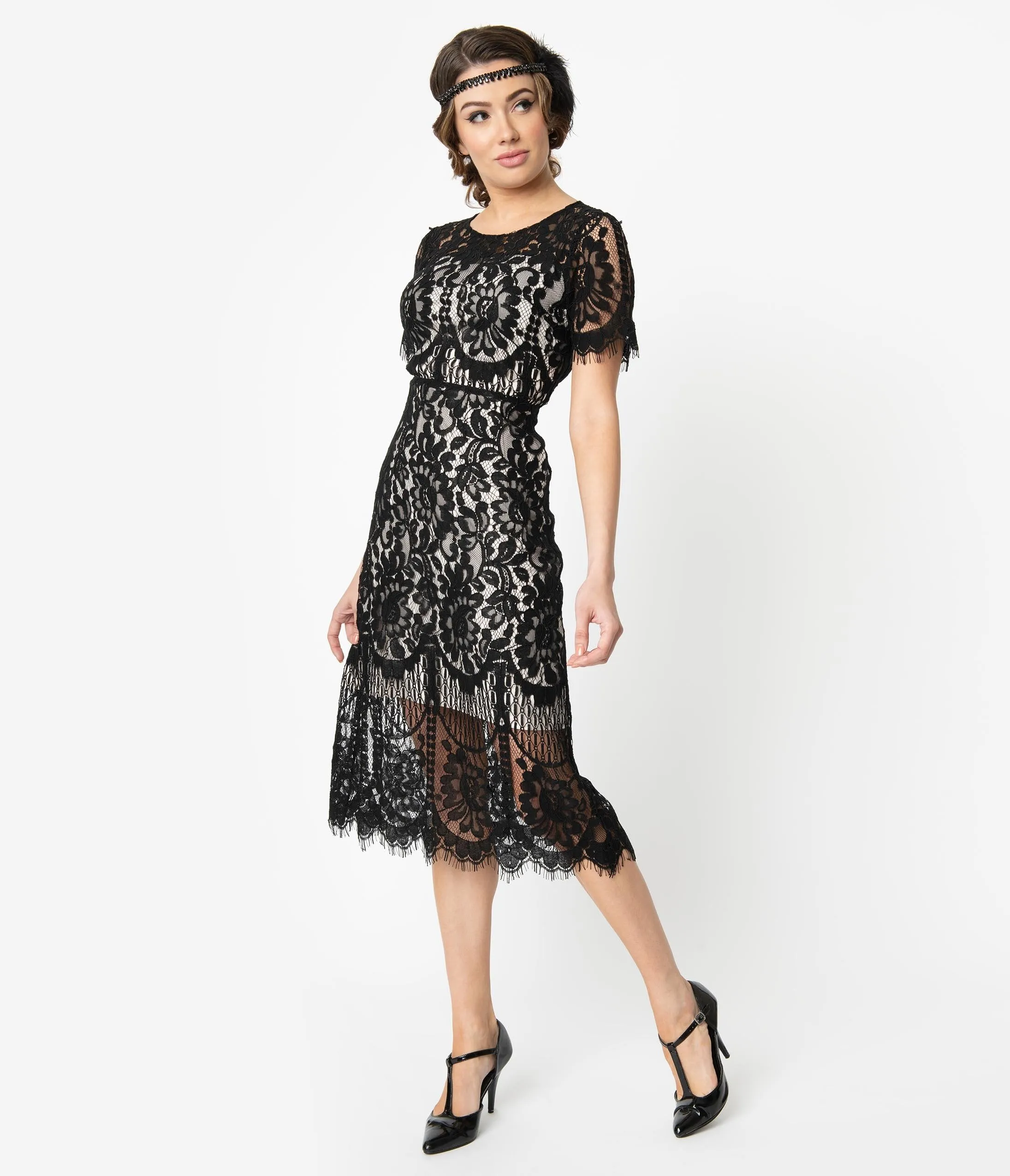 Unique Vintage 1920s Beige & Black Floral Lace Georgine Flapper Dress