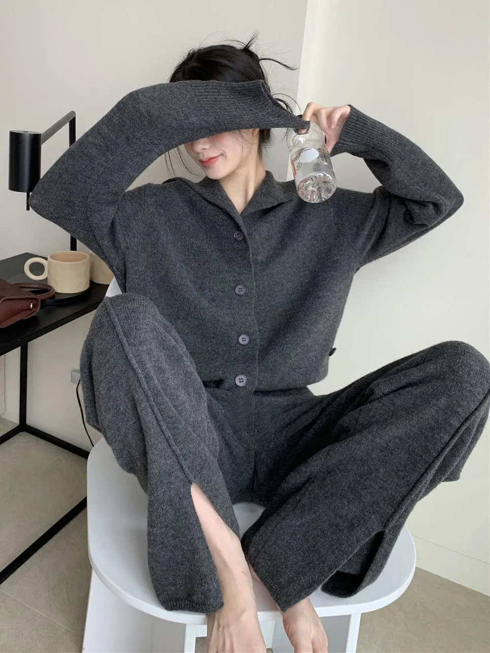 Urban Loose  Solid Color Cardigan Tops & Wide Leg Split-Front Pants Suits