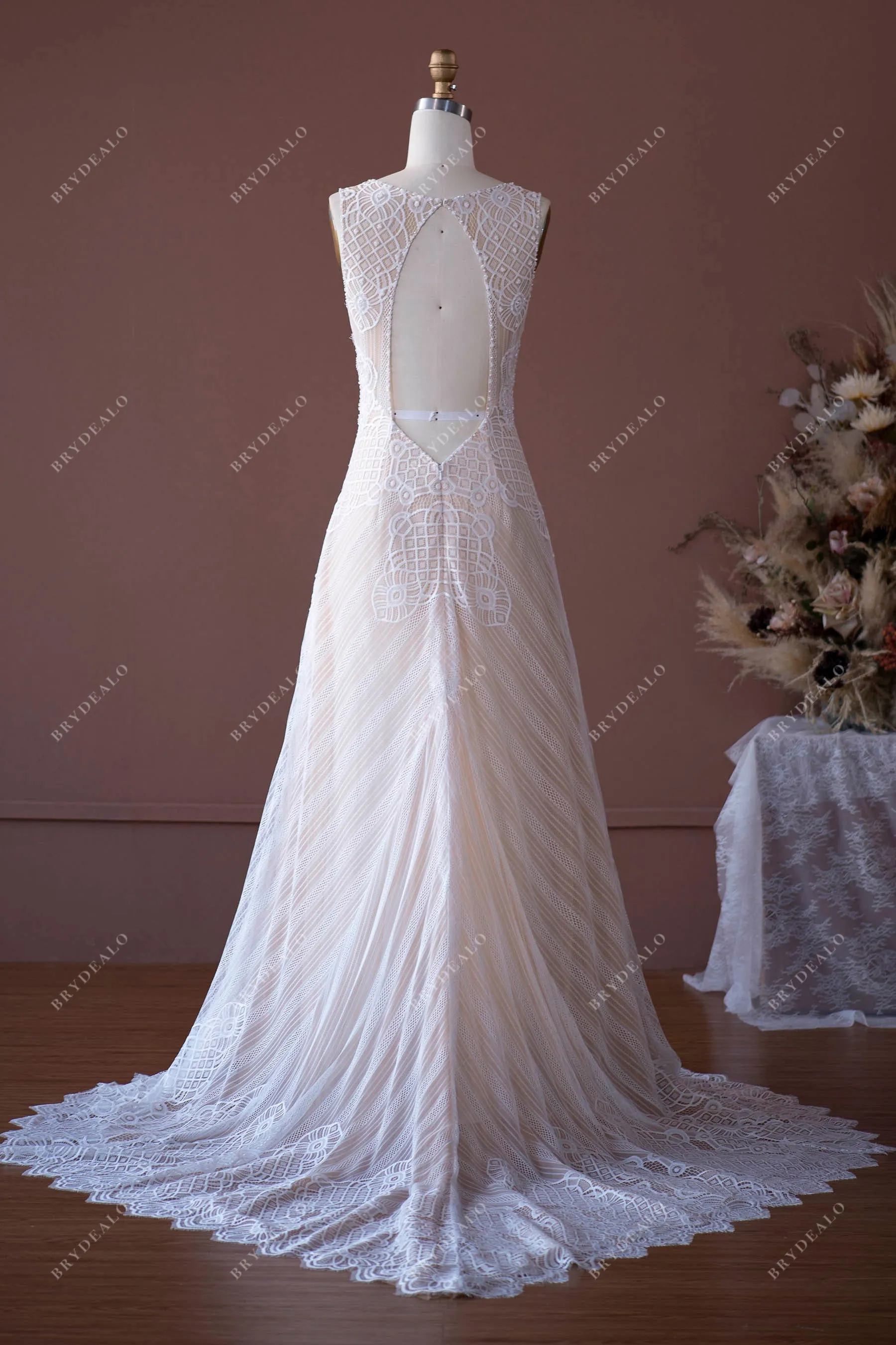 V-neck Pearls Lace Plunging Boho Keyhole Back Nude Beige Wedding Dress