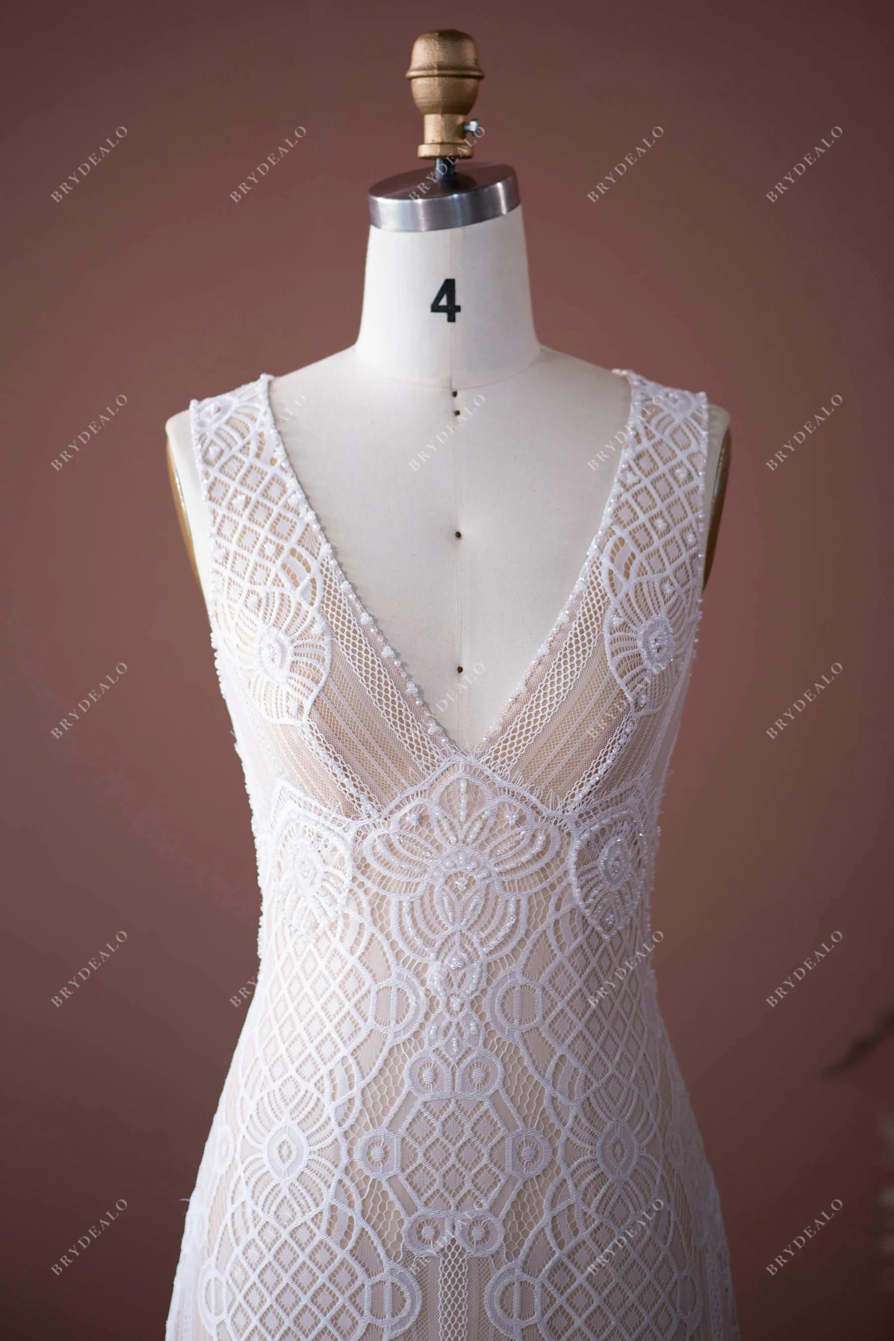 V-neck Pearls Lace Plunging Boho Keyhole Back Nude Beige Wedding Dress