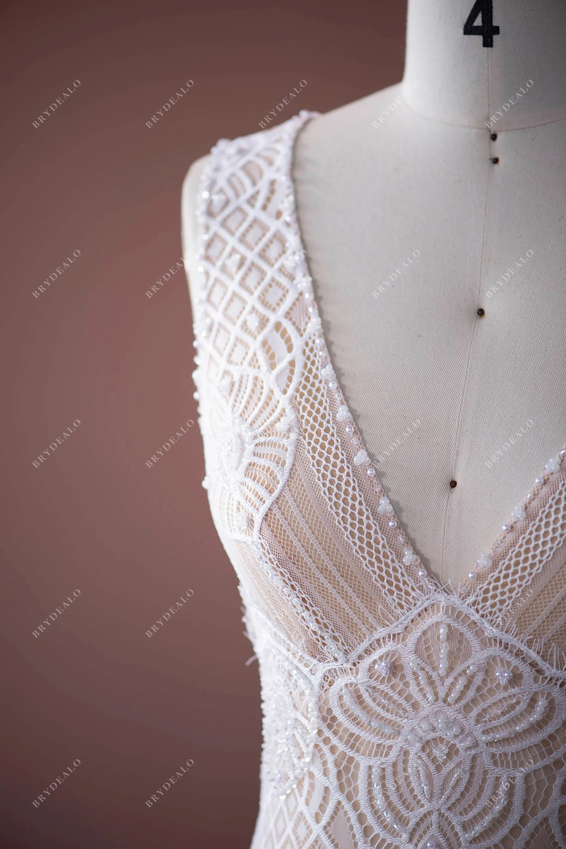 V-neck Pearls Lace Plunging Boho Keyhole Back Nude Beige Wedding Dress