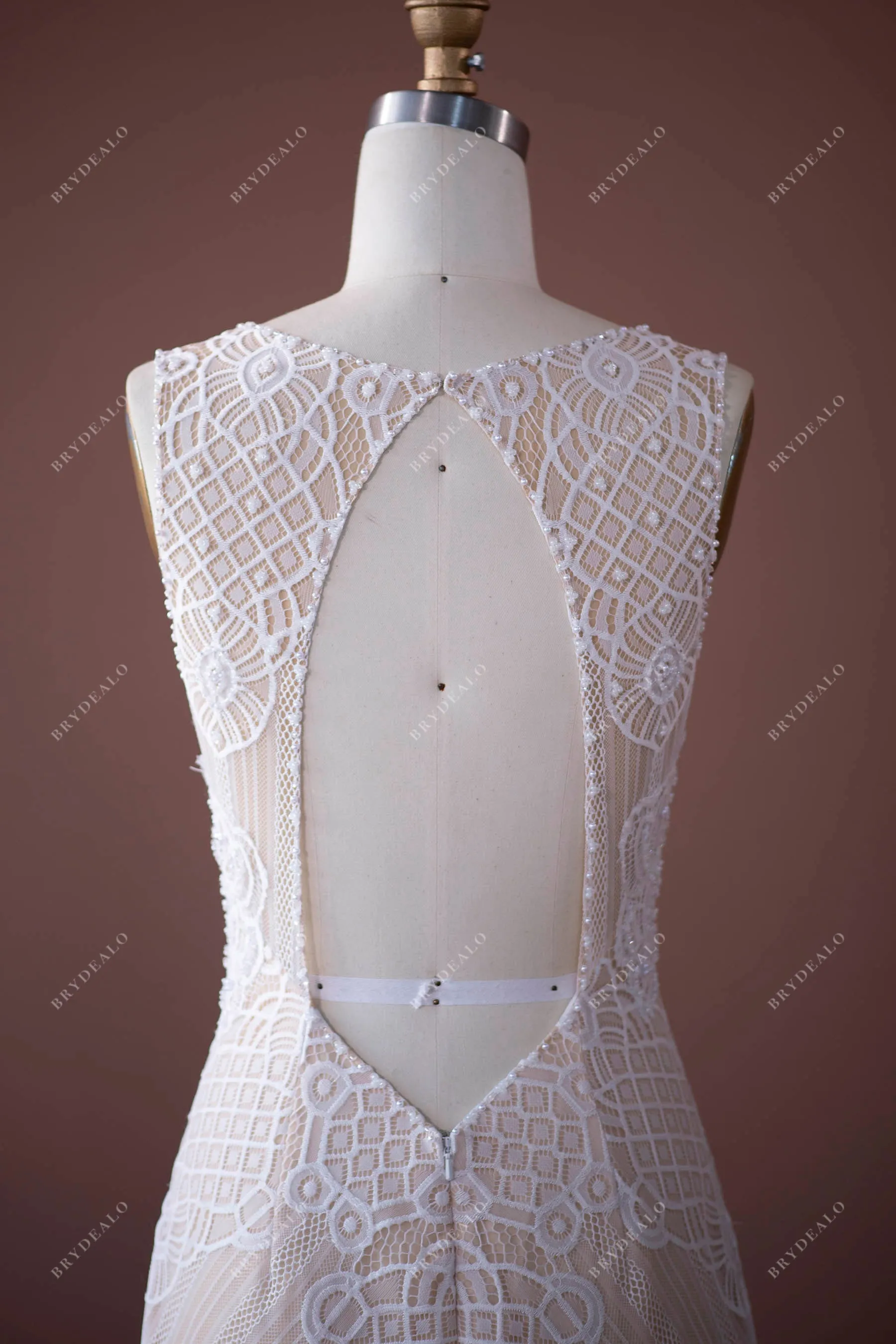 V-neck Pearls Lace Plunging Boho Keyhole Back Nude Beige Wedding Dress