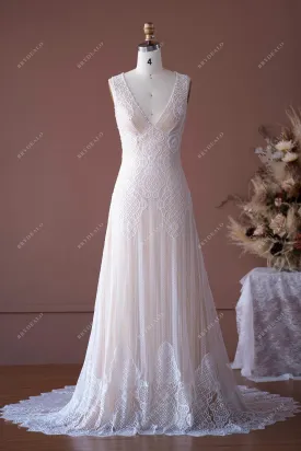 V-neck Pearls Lace Plunging Boho Keyhole Back Nude Beige Wedding Dress