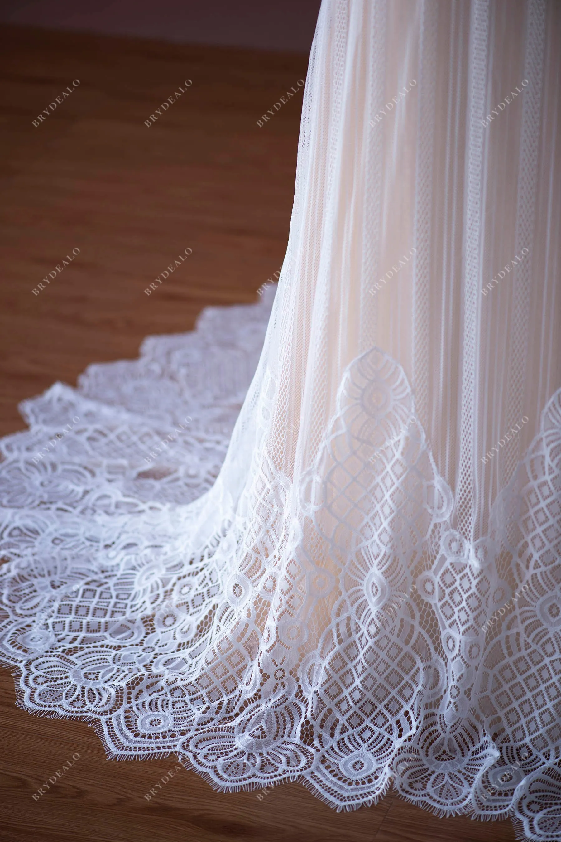 V-neck Pearls Lace Plunging Boho Keyhole Back Nude Beige Wedding Dress