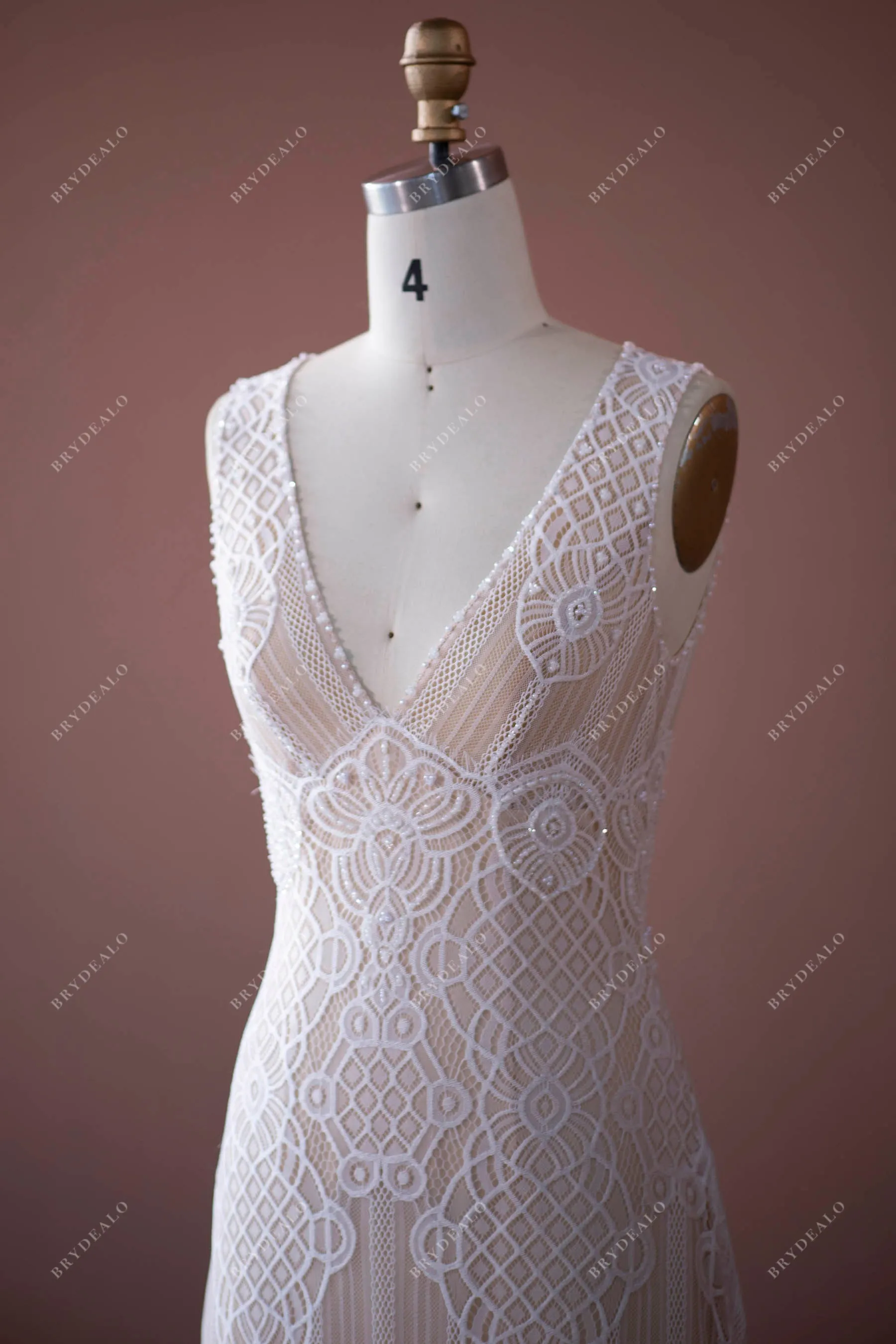 V-neck Pearls Lace Plunging Boho Keyhole Back Nude Beige Wedding Dress
