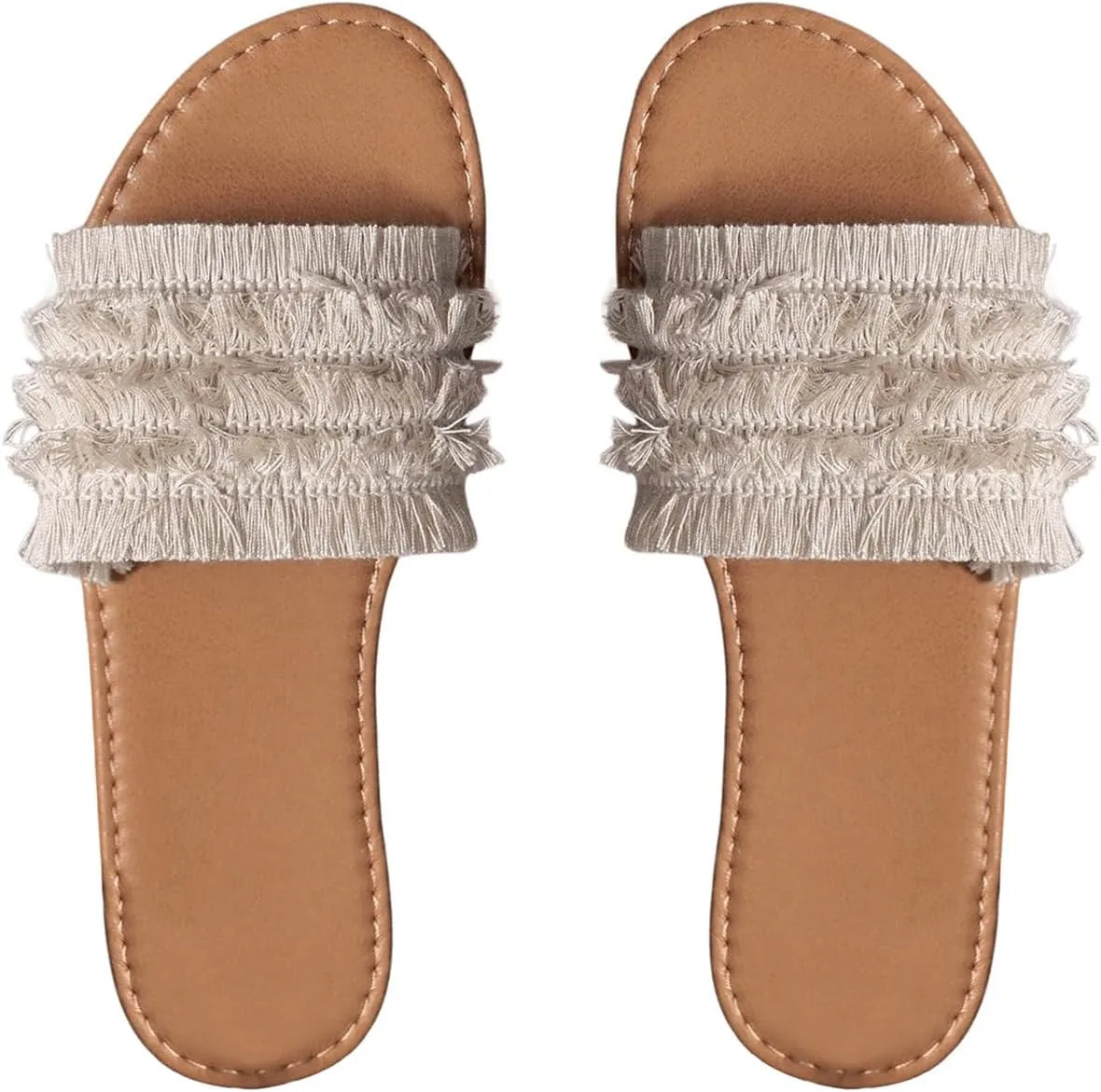 Verdusa Women's Fringe Open Toe Flat Sandals Summer Slide Shoes Beige 7.5