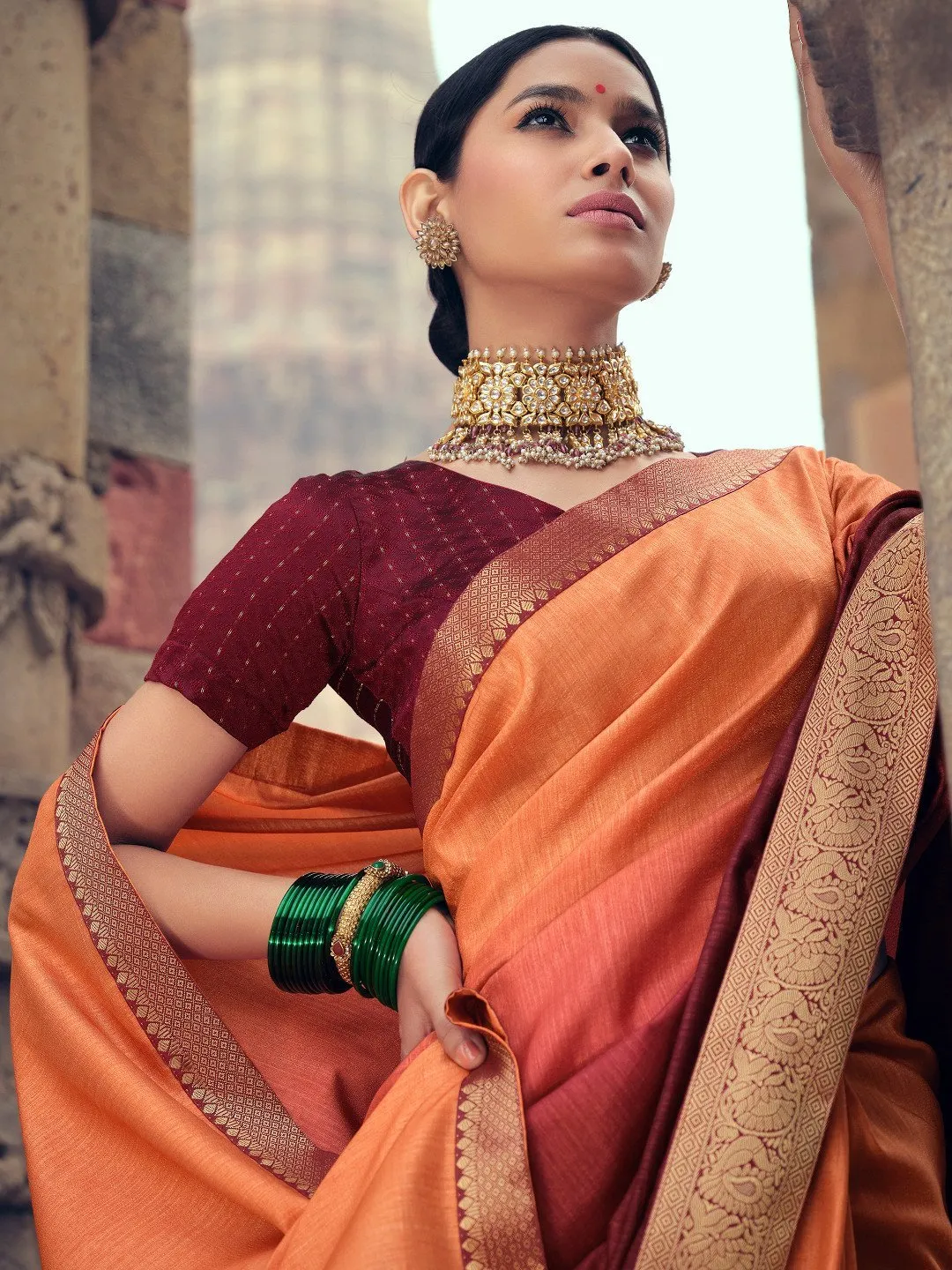 Vichitra Silk Woman Orange Saree With Heavy Lace and Blouse