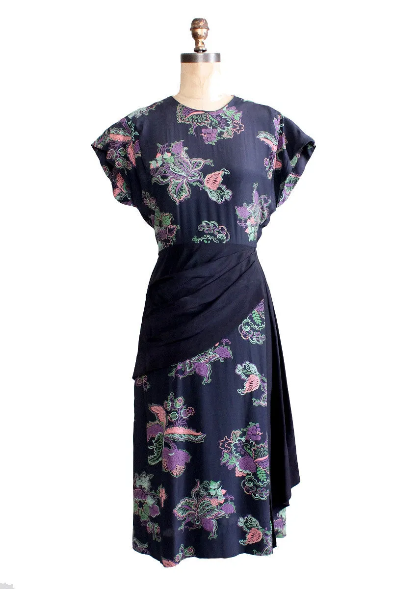 Vintage 1940s Floral Rayon Dress with Swag Front Skirt