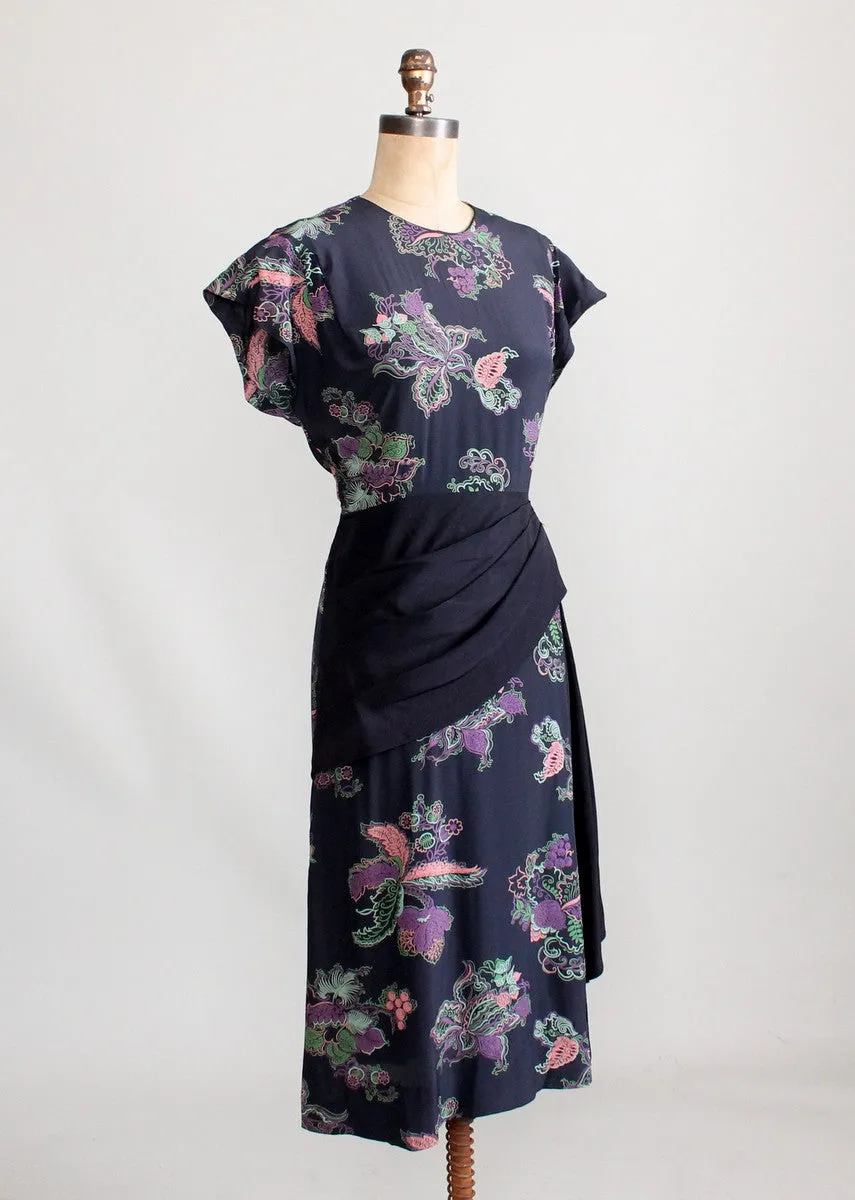 Vintage 1940s Floral Rayon Dress with Swag Front Skirt
