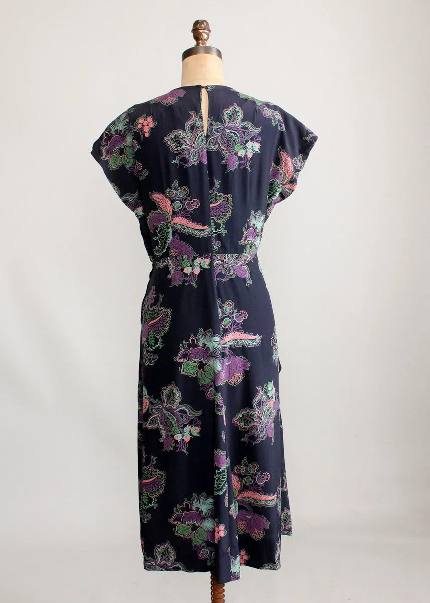 Vintage 1940s Floral Rayon Dress with Swag Front Skirt