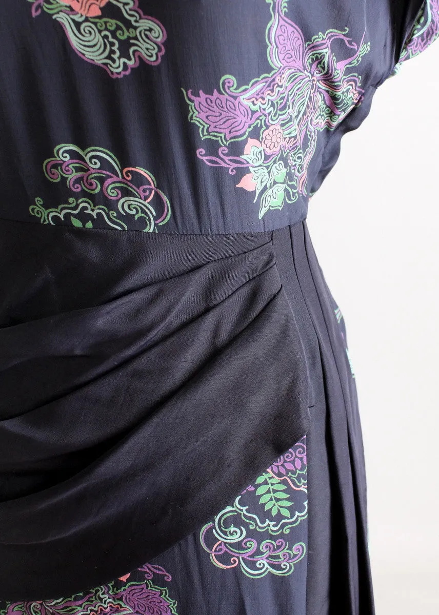 Vintage 1940s Floral Rayon Dress with Swag Front Skirt