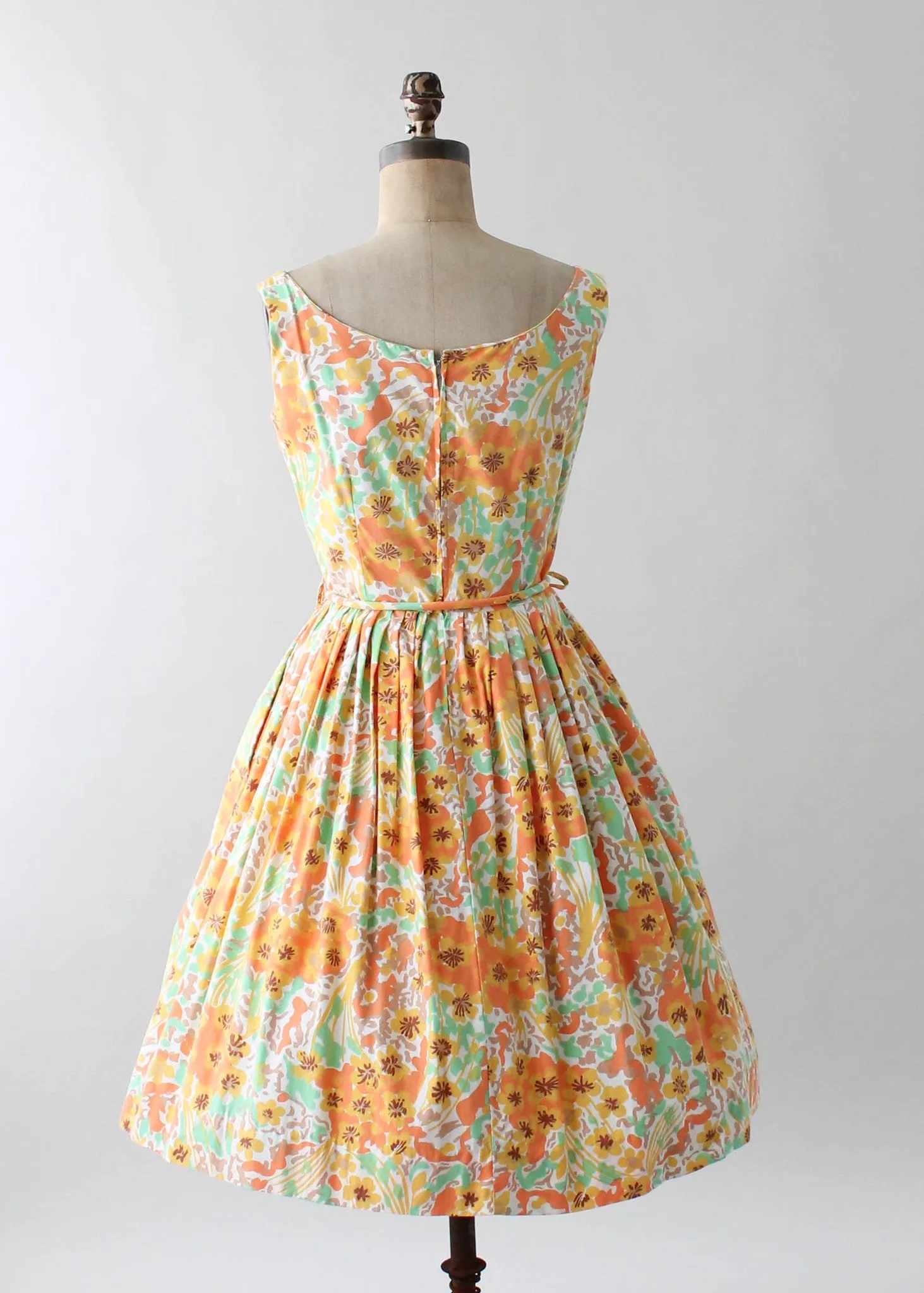 Vintage 1960s Green and Orange Floral Cotton Day Dress