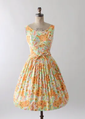 Vintage 1960s Green and Orange Floral Cotton Day Dress