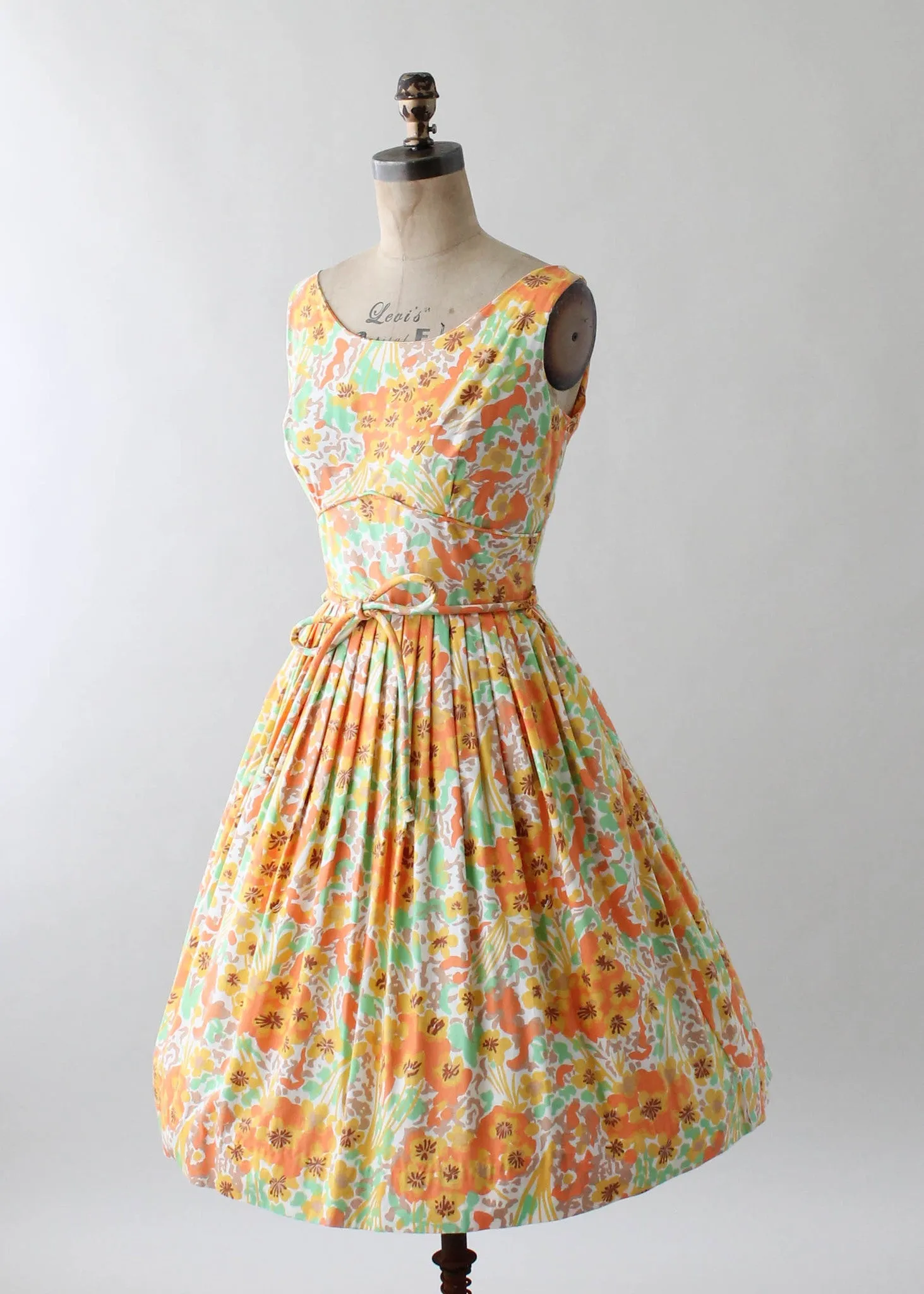 Vintage 1960s Green and Orange Floral Cotton Day Dress