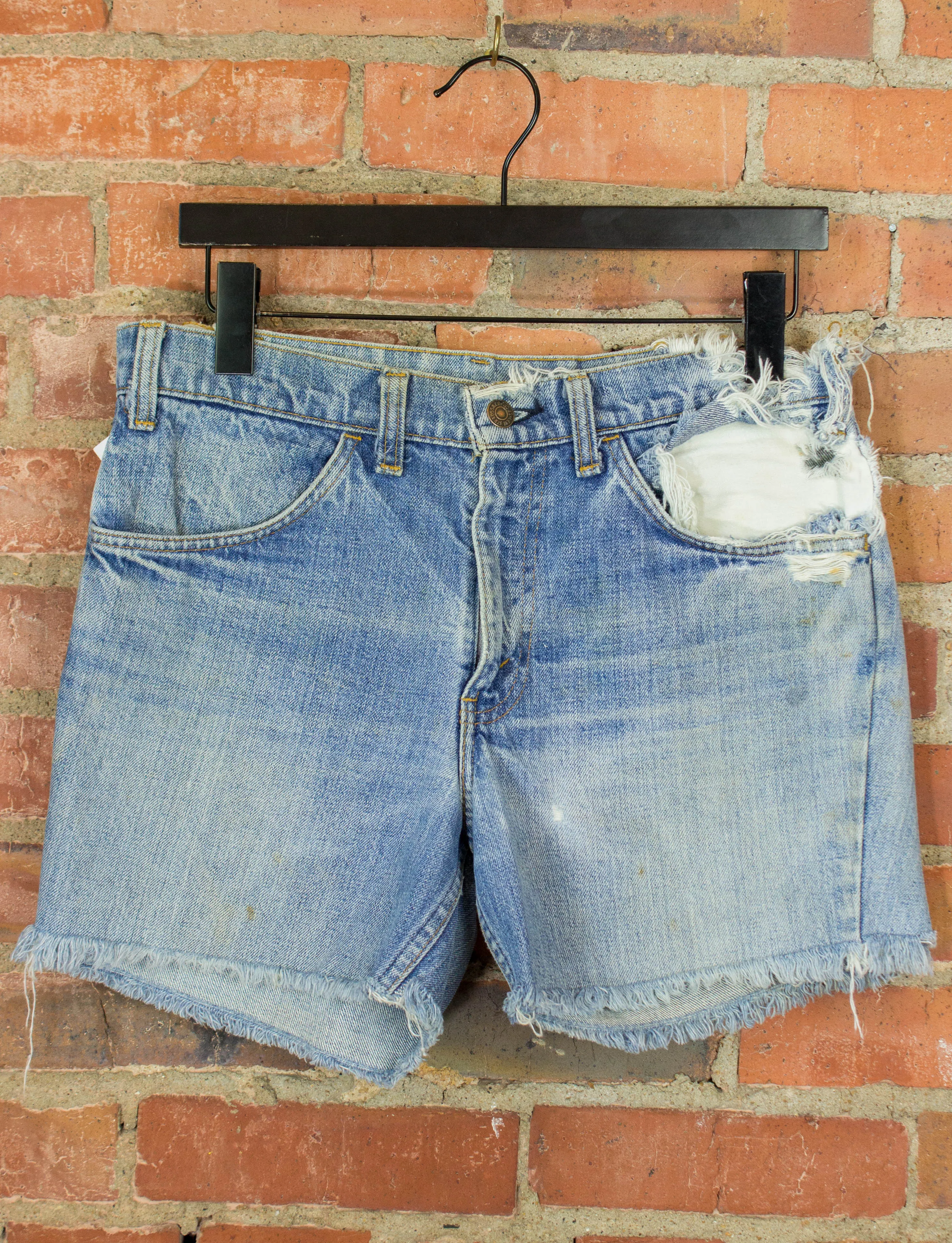 Vintage Levi's Cut Off Denim Shorts 70s Orange Tab Thrashed Light Wash 30 Waist