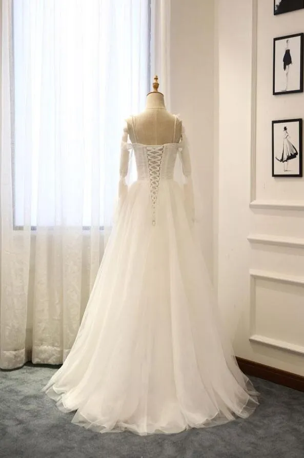 White A-Line Straps Long Sleeves Tulle Long Wedding Dresses