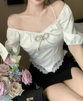 White Lace Bow Women’s Blouses Pile Up Sleeves Slash Neck Sexy Female Streetwear Outfits Solid Color Summer Chic Blouse