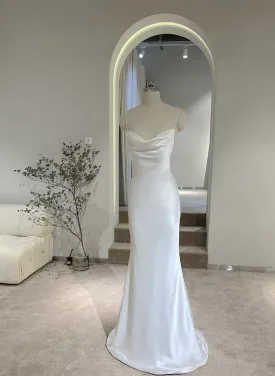 White Soft Satin Straps Simple Long Wedding Party Dress White Long Evening Dress
