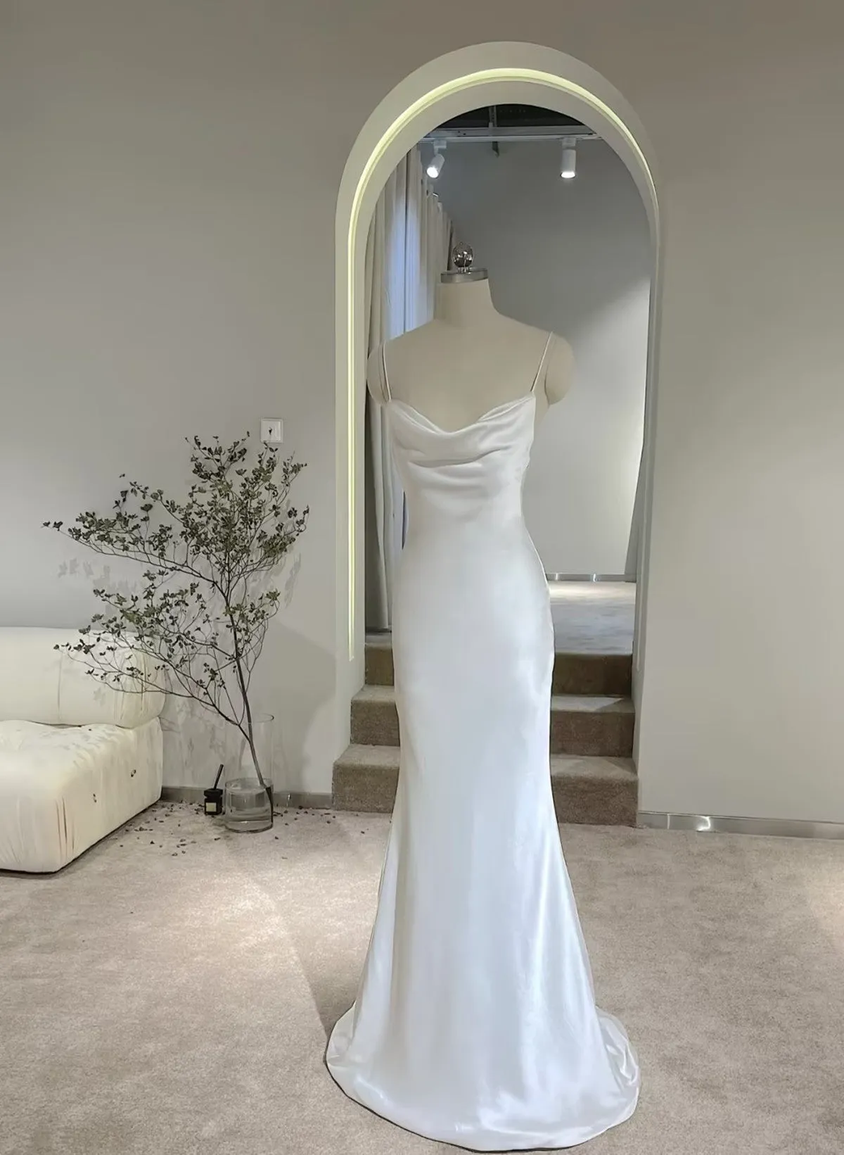 White Soft Satin Straps Simple Long Wedding Party Dress White Long Evening Dress