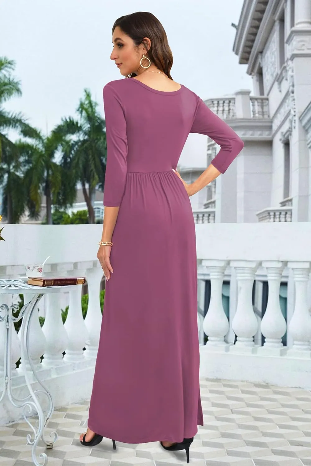 WNEEDU Women's 3/4 Sleeve Casual Loose Long Maxi Dresses with Pocket