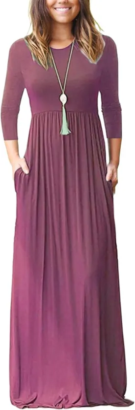 WNEEDU Women's 3/4 Sleeve Casual Loose Long Maxi Dresses with Pocket