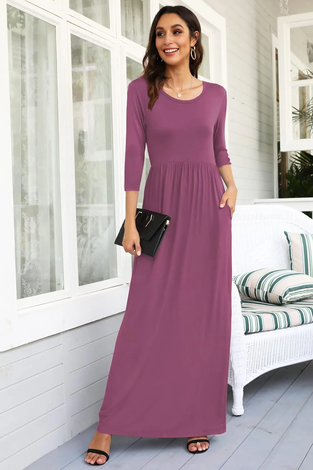 WNEEDU Women's 3/4 Sleeve Casual Loose Long Maxi Dresses with Pocket