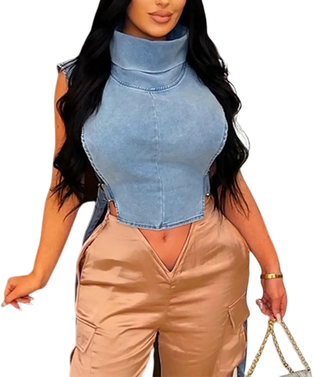 Women 2023 Summer Fashion Causal Distressed Denim Vest Lace Up Crop Tops Relax Fit Light Jean Vest Jacket
