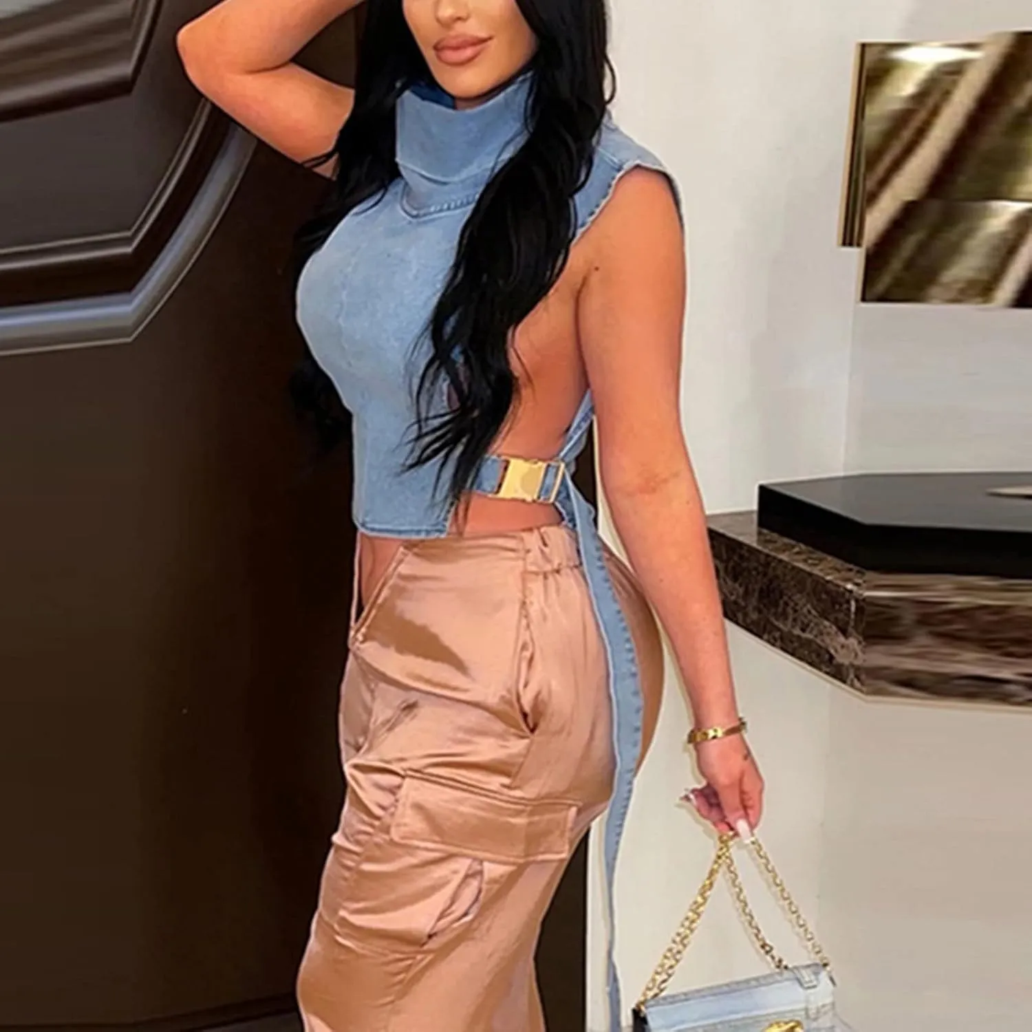Women 2023 Summer Fashion Causal Distressed Denim Vest Lace Up Crop Tops Relax Fit Light Jean Vest Jacket