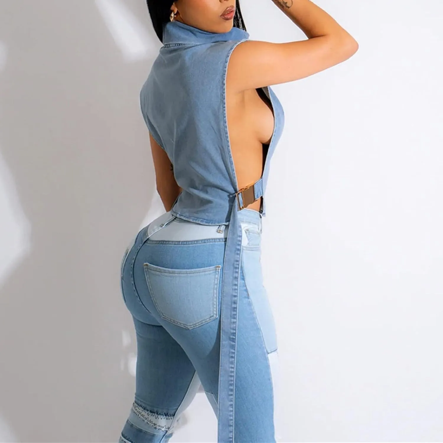 Women 2023 Summer Fashion Causal Distressed Denim Vest Lace Up Crop Tops Relax Fit Light Jean Vest Jacket
