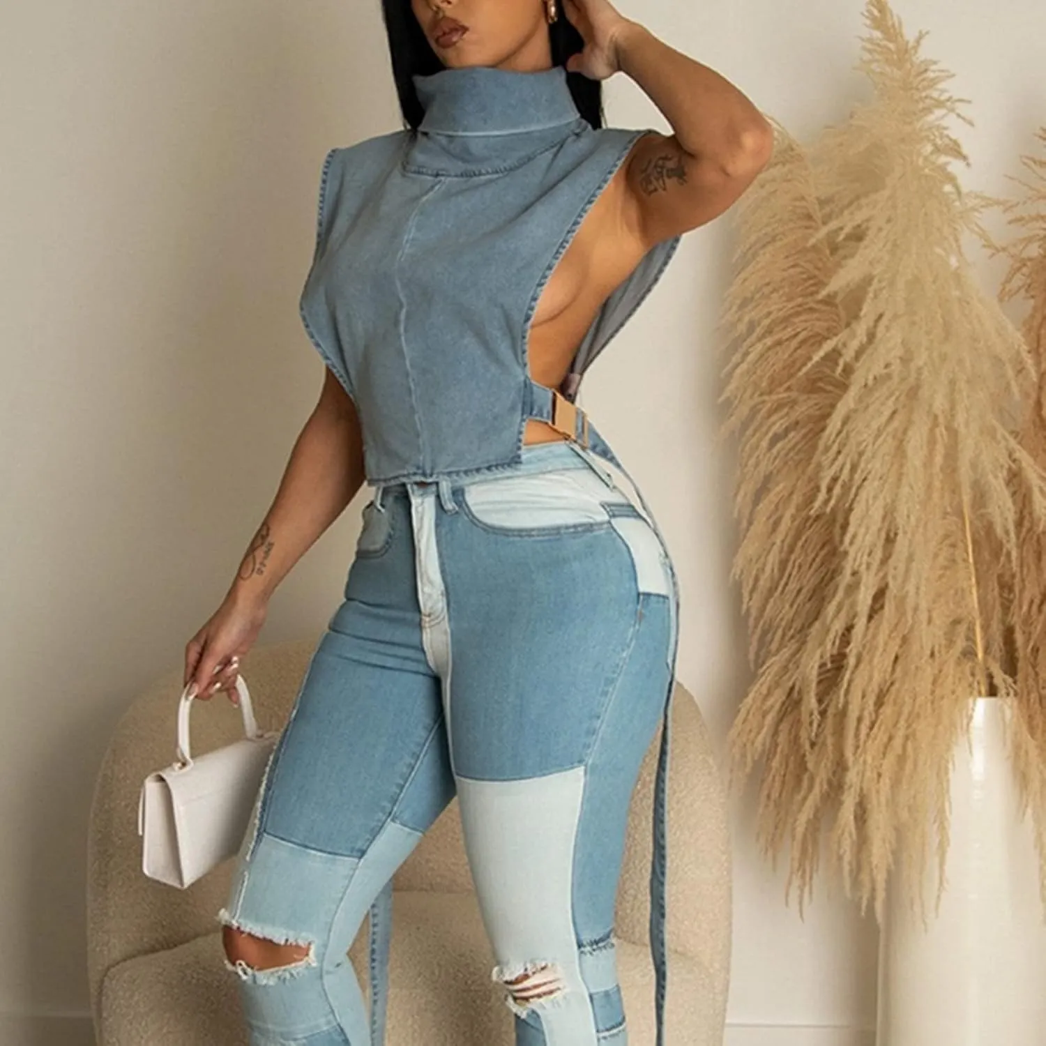 Women 2023 Summer Fashion Causal Distressed Denim Vest Lace Up Crop Tops Relax Fit Light Jean Vest Jacket