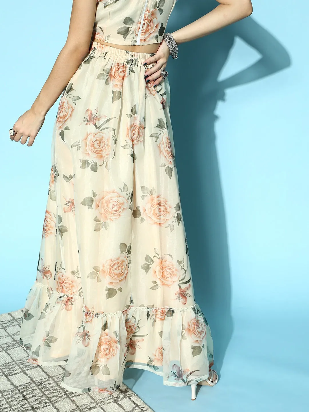 Women Beige Floral Frill Hem Skirt