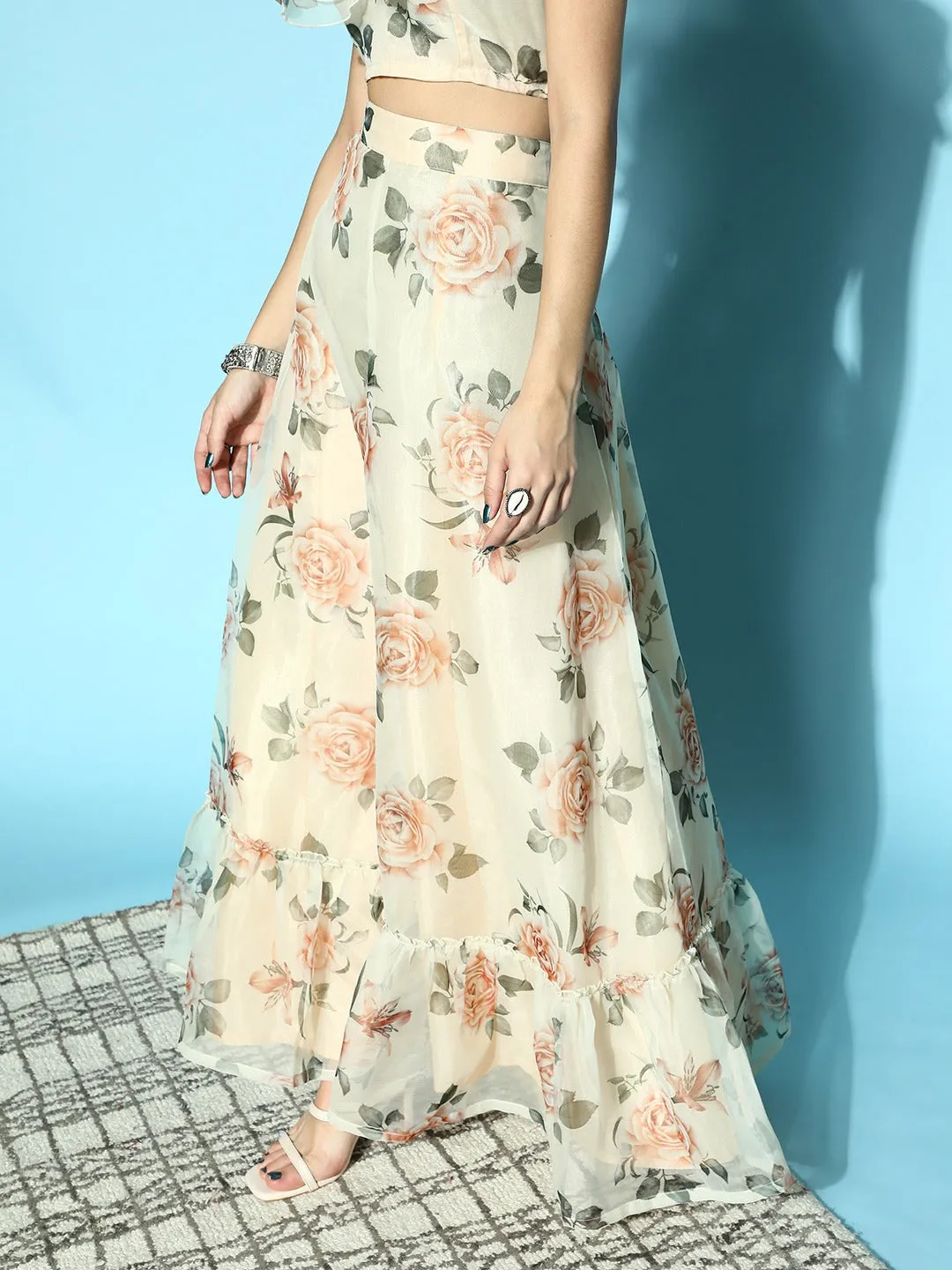 Women Beige Floral Frill Hem Skirt