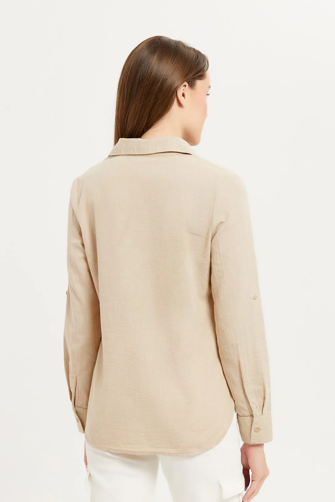 Women Beige Linen Open Neck Blouse