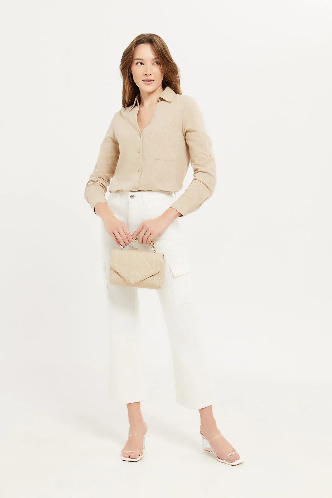Women Beige Linen Open Neck Blouse