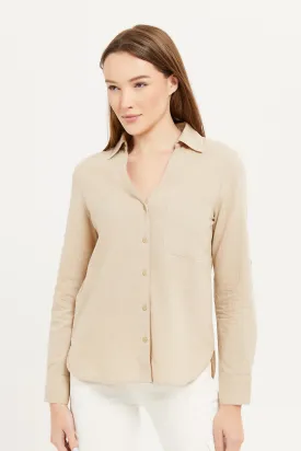 Women Beige Linen Open Neck Blouse