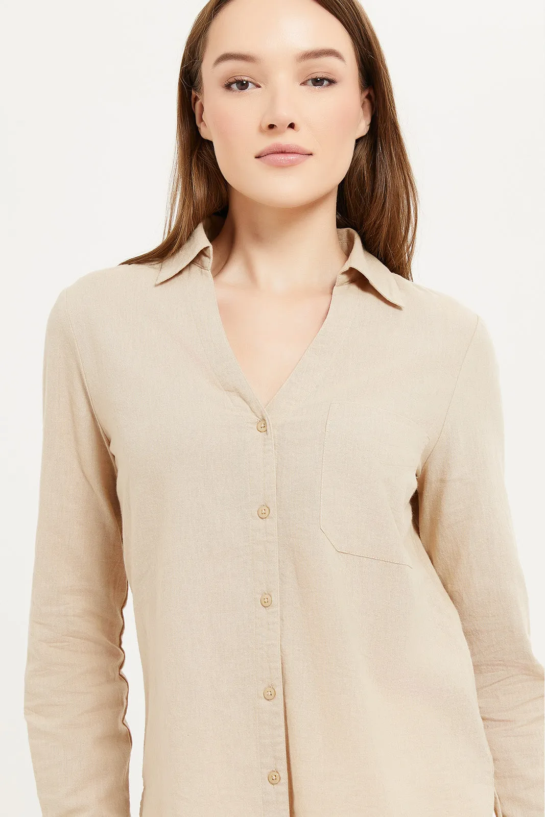 Women Beige Linen Open Neck Blouse