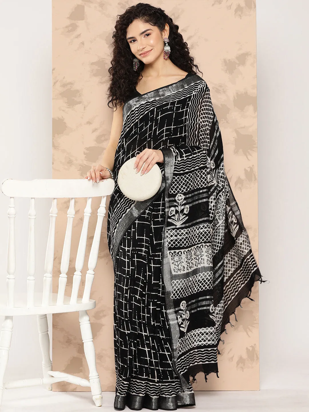 Women Black Pure Cotton Saree