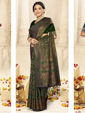 Women Bottle Green Satin Silk Saree With Un Stitched Blouse