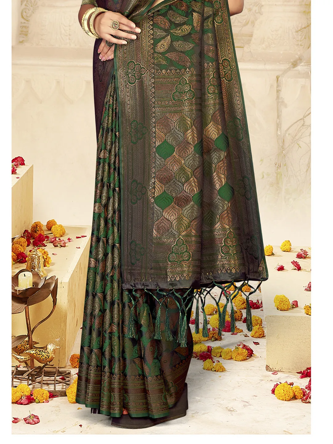 Women Bottle Green Satin Silk Saree With Un Stitched Blouse