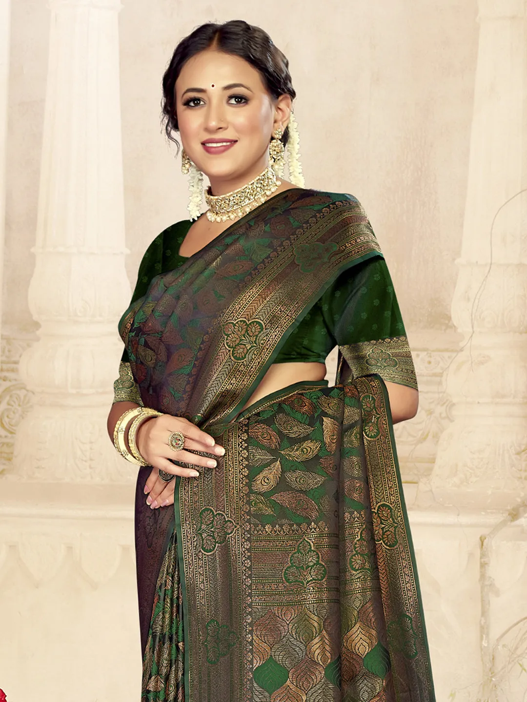 Women Bottle Green Satin Silk Saree With Un Stitched Blouse