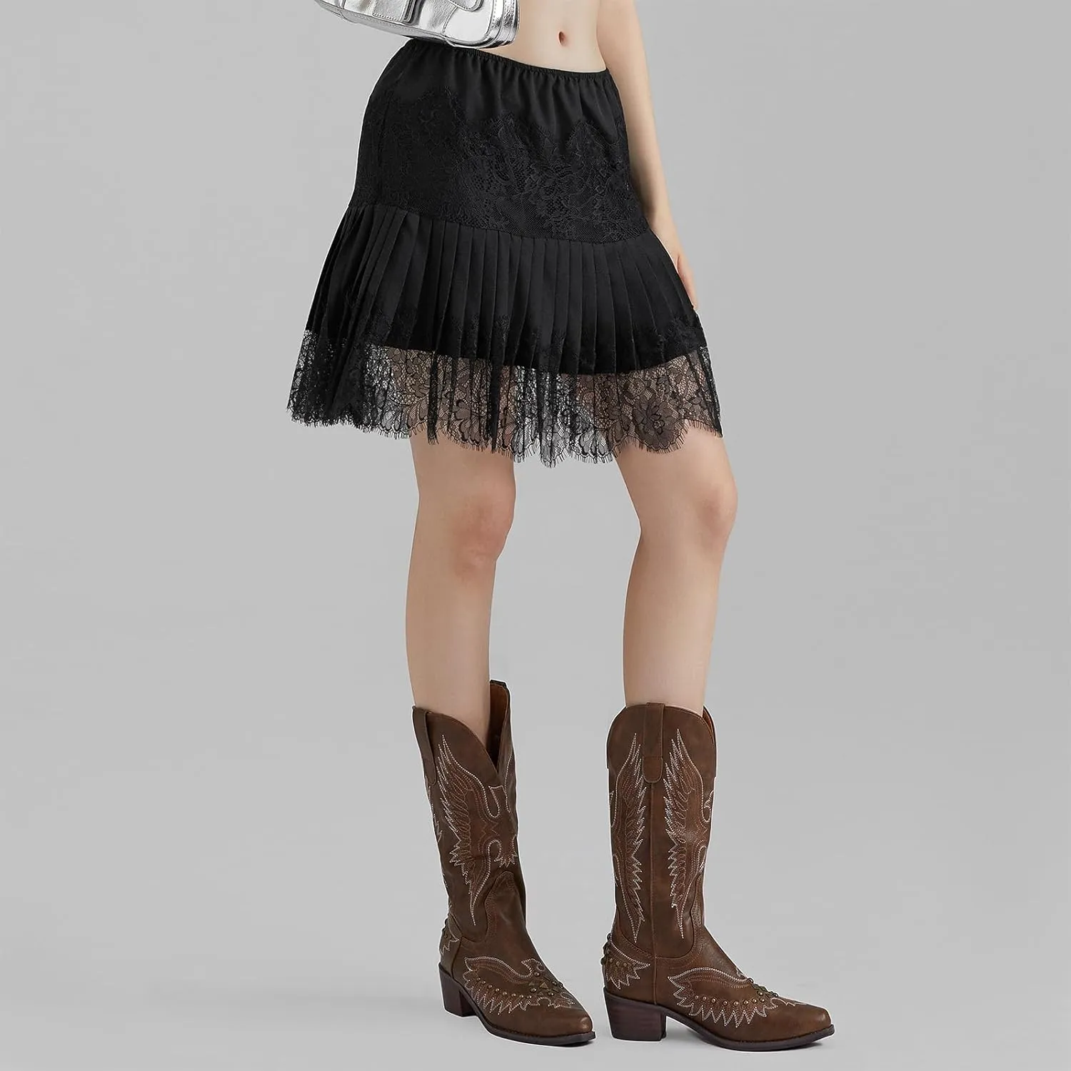 Women Lace Ruffle Mini Skirt Y2k Pleated Sexy Mid Waist Layered Flowy Slip Skirt Shirt Extender