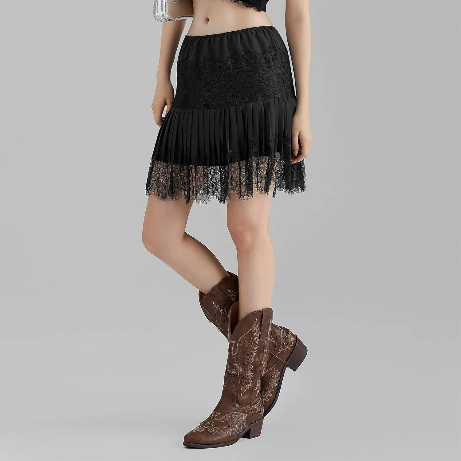 Women Lace Ruffle Mini Skirt Y2k Pleated Sexy Mid Waist Layered Flowy Slip Skirt Shirt Extender