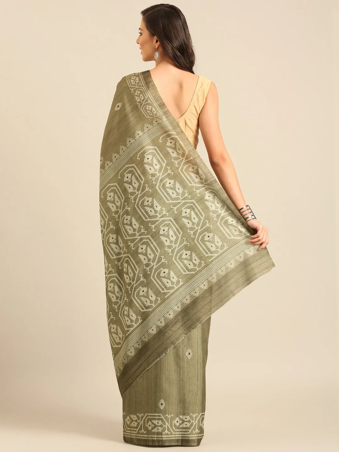 Women Olive Green Cotton Saree With Un Stitched Blouse