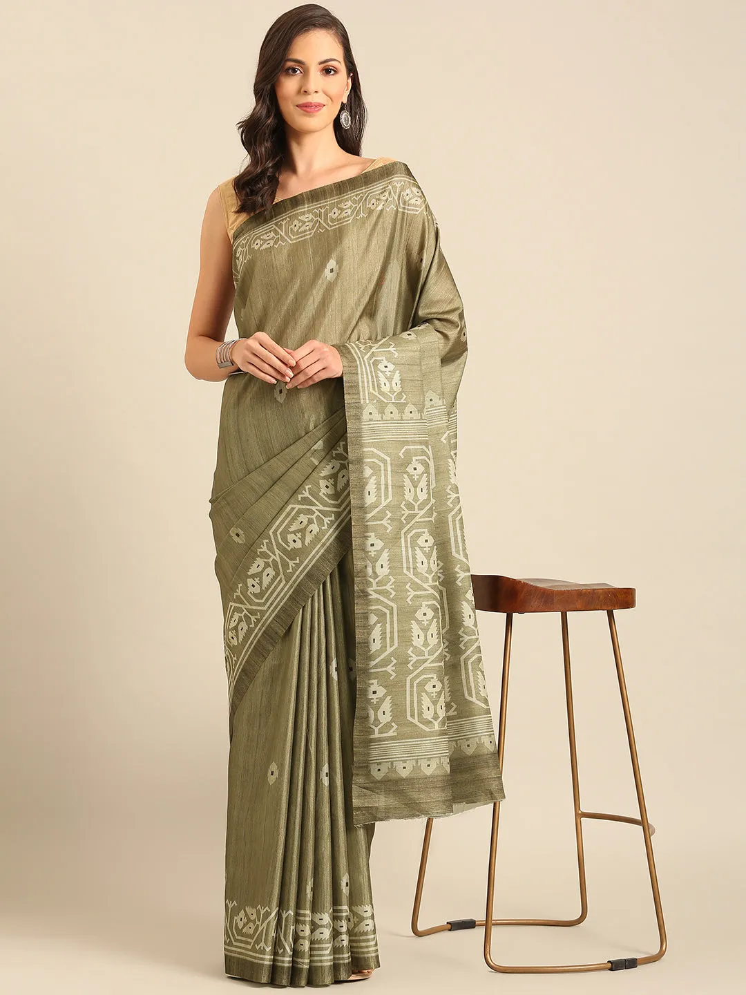 Women Olive Green Cotton Saree With Un Stitched Blouse