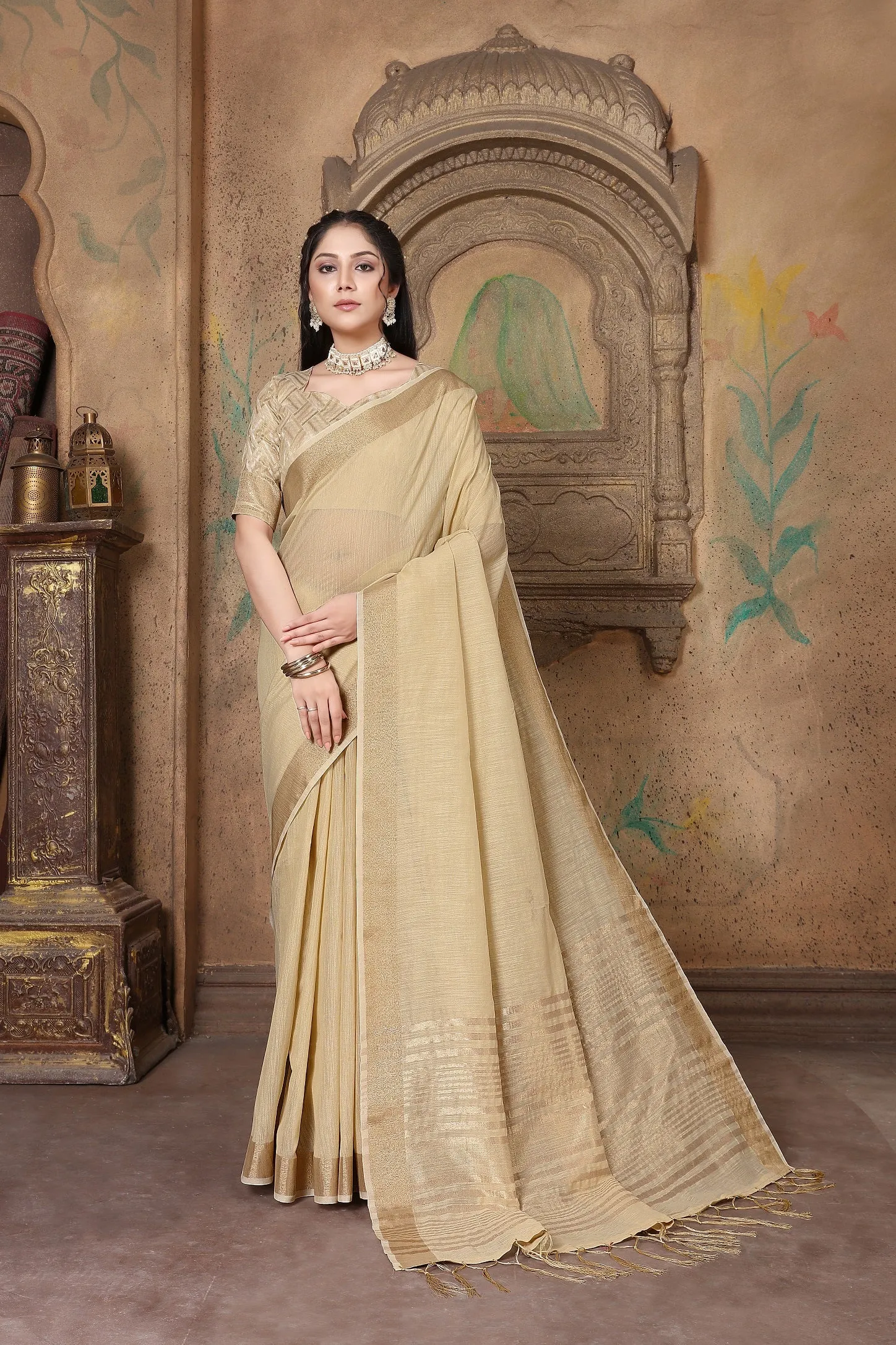 Women Party Wear Weaving Work Linen Saree with Un Stitched Blouse
