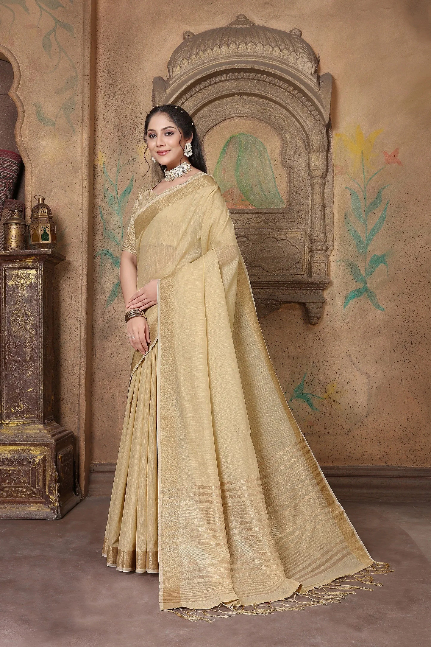 Women Party Wear Weaving Work Linen Saree with Un Stitched Blouse