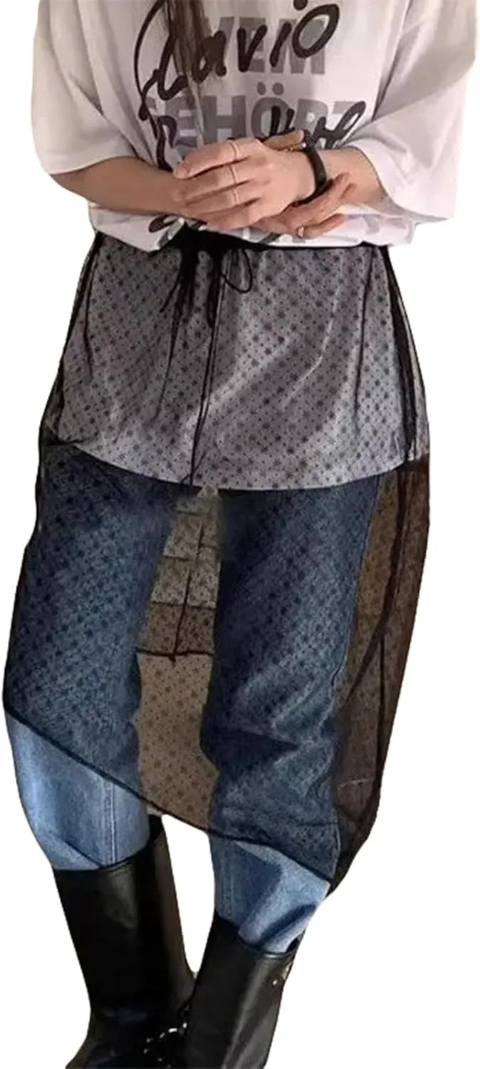 Women Y2k Lace Skirt Floral Mesh See Through Layered Lace Midi Skirts Vintage Split Half Slips Underskirt