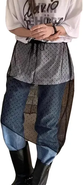 Women Y2k Lace Skirt Floral Mesh See Through Layered Lace Midi Skirts Vintage Split Half Slips Underskirt